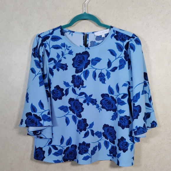 09524 SugarLips blue floral print bell sleeve blouse M - Picture 1 of 10